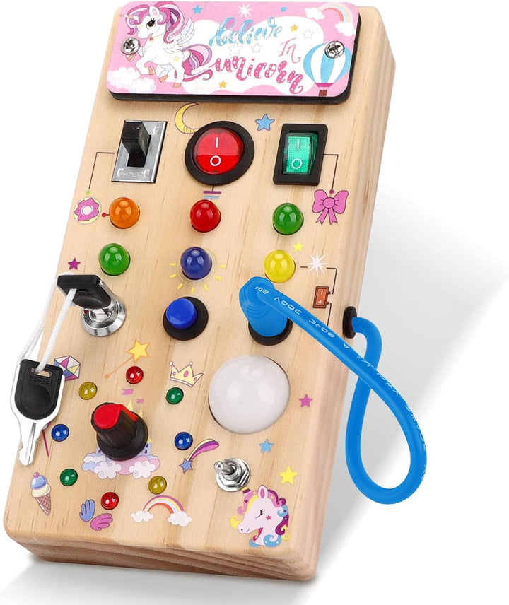 Montessori Wooden Busy Board with 8 LED Light Switches, Sensory Toys Light Switch Travel Toys for 1+ Year Old Baby and Toddler