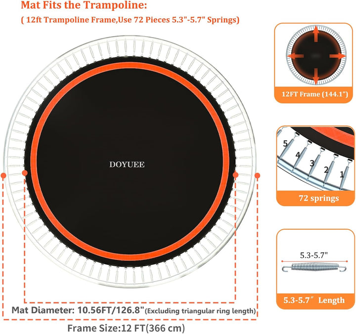 Trampoline Mat，10.56Ft/126.8In Diameter Mat with 72 Rings,Fits 12FT Trampoline Frame Use 5.3"-5.7" Springs,Spring and Frame Not Included