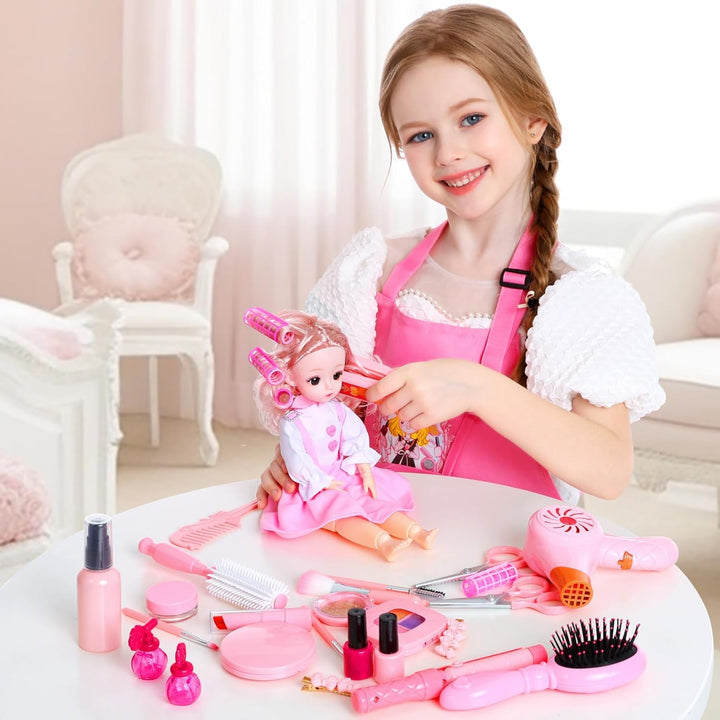 Hair Salon Toys for Girls, 39 Pc Pretend Play Makeup Toys Set, Beauty Play Hair Styling Kit with Blow Dryer, Barber Apron and Scissors Accessories for 3-9 Year Old