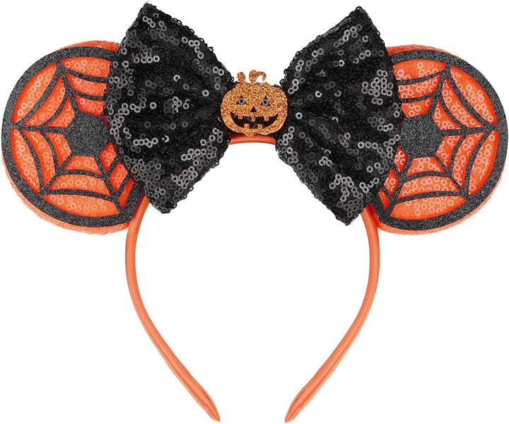 Mouse Ears, Sequin Mouse Ears Headband for Girls Women Halloween Birthday Party (Orange Bow)