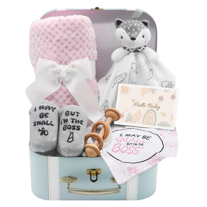 Baby Shower Gifts, Baby Boy Gifts Basket Includes Newborn Blanket Baby Lovey Security Blanket Wooden Rattle Toy, Funny Baby Bibs Socks & Greeting Card - Baby Gift Set Newborn Shower Basket