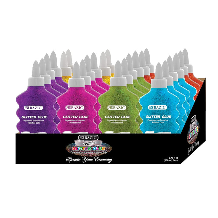BAZIC 6 Color 6.8 Oz. Glitter Glue, Washable Sparkling Colors, Large Pack for Classroom Kids Artist
