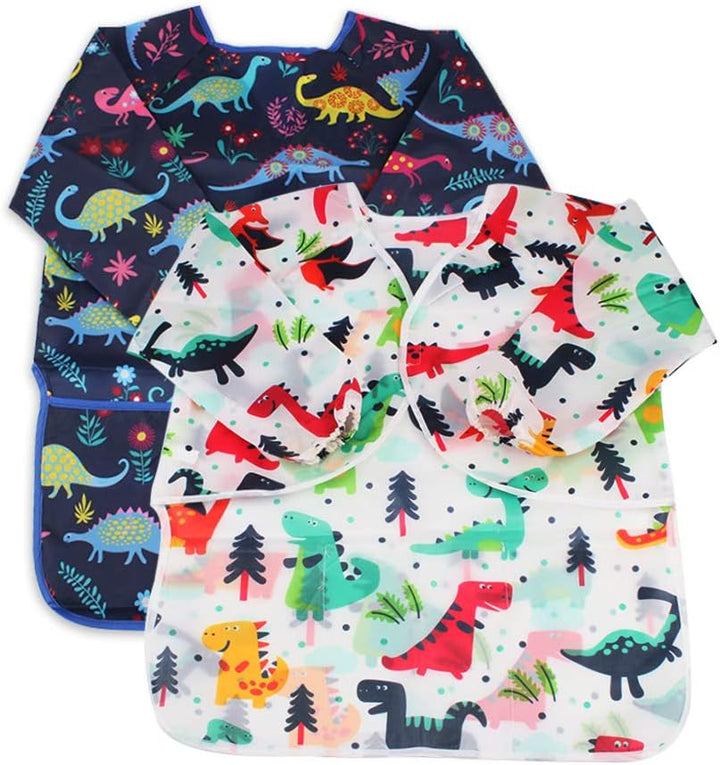 Kids Art Smocks 2 Pack Dinosaur Painting Apron for Children Waterproof Artist Smock with Long Sleeve and 3 Pockets for Age 3-8 Years
