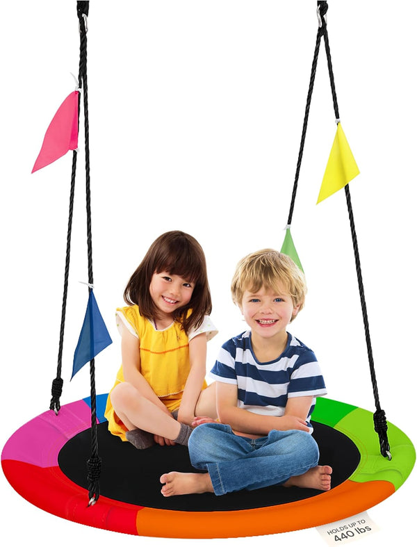 40-Inch Saucer Swing for Kids Outdoor - Multicolor Tree Swing - 440Lb Capacity - 600D Oxford Waterproof Fabric & Hanging Straps - Kids Outdoor Toys