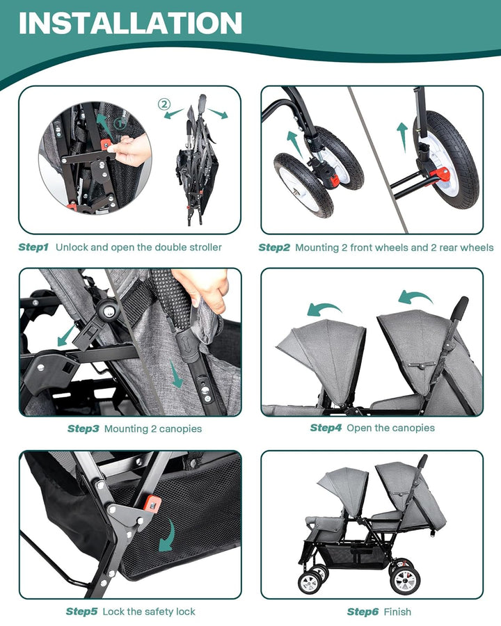 Double Stroller for Infant Toddler, Foldable Double Baby Stroller with Tandem Seating and Adjustable Backrest - Extra Gift Toys/Mosquito Net/Sleeping Mats/ 2 Hooks/ 2 Cotton Pads（Grey）