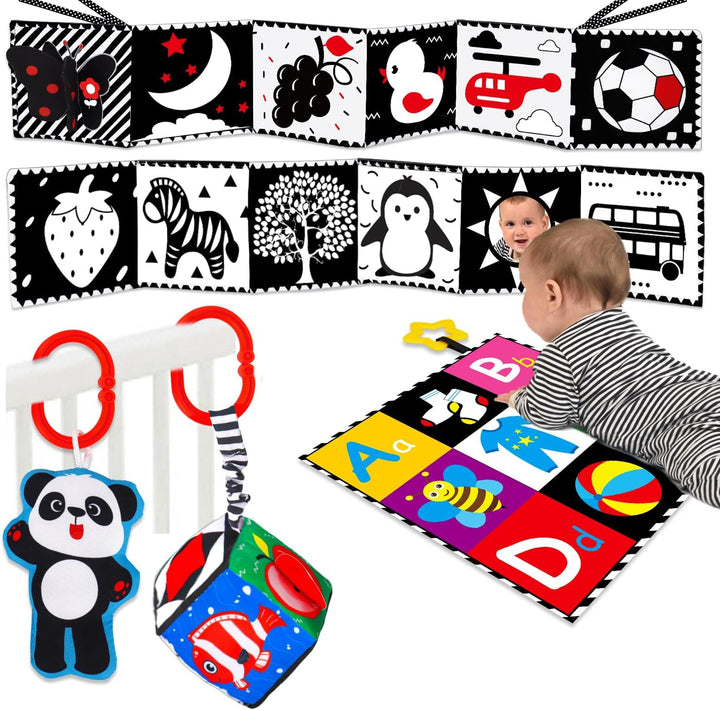 Black and White High Contrast Toys for Baby 0-3 3-6 Months Infant Tummy Time Soft Book Sensory Musical Toy 0-2-4-6 Month Babies Brain Development Montessori Crinkle Book Mirror Newborn Shower Gifts