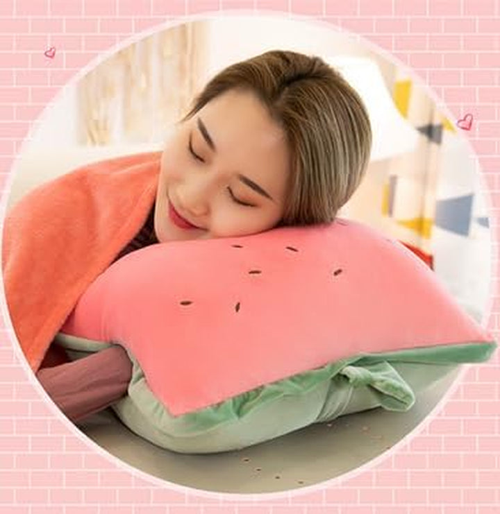 15" Stuffed Fruit Travel Blanket and Pillow Set,3 in 1 Plush Stuffed Hugging Pillow with Warming Hands Pillow Blanket for Kids Gift Travel Airplane Train Bed Office Nap (Pink - Strawberry)