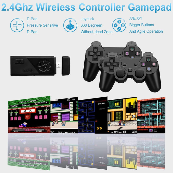 Wireless Retro Game Console Stick, Upgrade Retro Video Gaming Stick Built in 20000+ Games with 9 Emulators,4K HDMI Output with 2 Pack 2.4G Wireless Controllers，Game Emulator Console 2025（64GB）