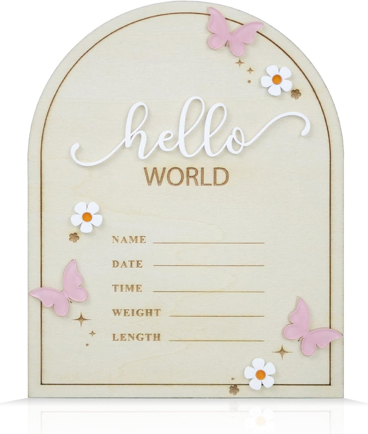 Baby Announcement Sign 6.5 Inch Wooden Hello World Newborn Welcome Sign Birth Baby Name Plaques for Photo Props Baby Shower Hospital Nursery (BOW CUT)