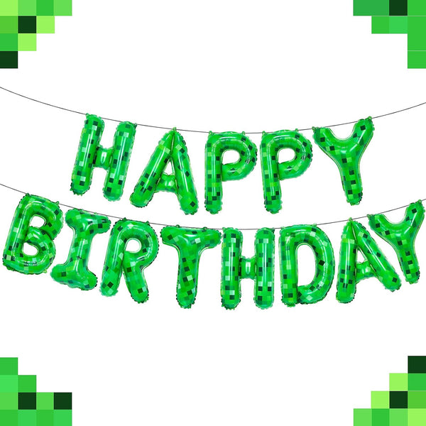 TNT Pixel Happy Birthday Banner Party Decorations Foil Balloons Letters Signs Blast Gaming Party Miner Supplies for Boy Girl