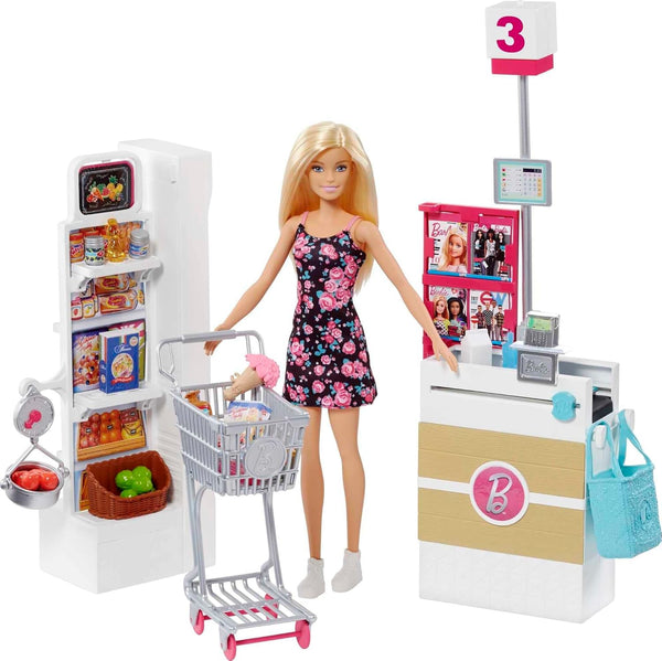 Doll & Playset, Supermarket with 25 Grocery Store-Themed Accessories Including Food, Check-Out Counter & Shelves