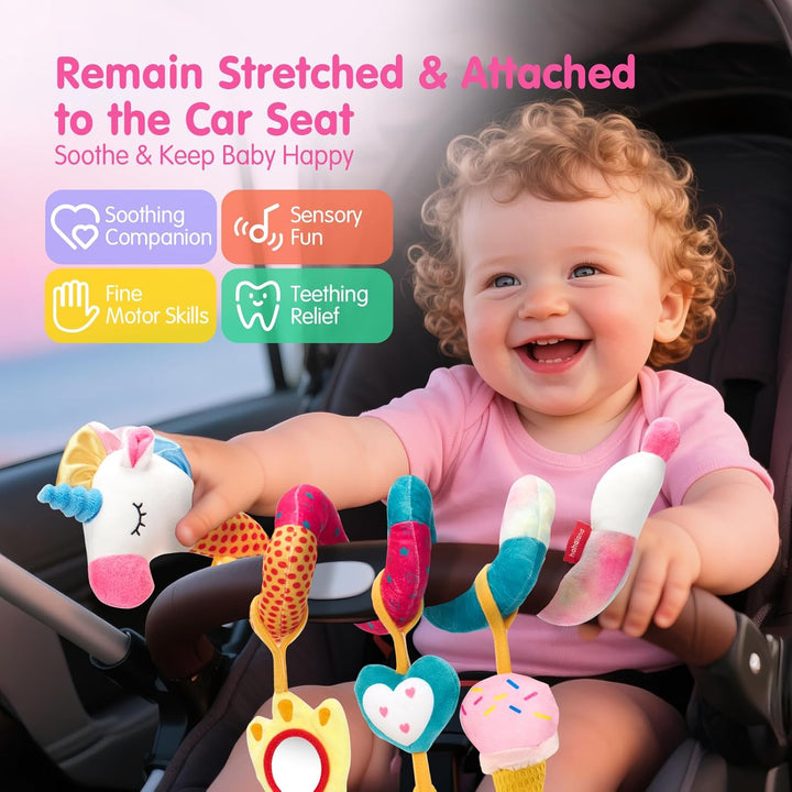 Car Seat Toys for Babies 0-6 Months Girl - Baby Toys 3-6 Months - Rattle, Mirror, Crinkle, Squeaky Carseat Stroller Toy 0-6 Months Developmental Newborn Baby Girl Birthday Gifts
