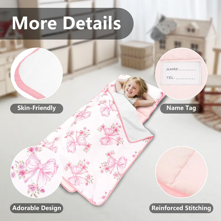 Lightweight Toddler Nap Mat Perfect for Warm Sleepers, Portable Sleeping Bag with Removable Pillow and Fleece Blanket, Washable, Great for 3 Seasons, Daycare, Preschool, Boy and Girls