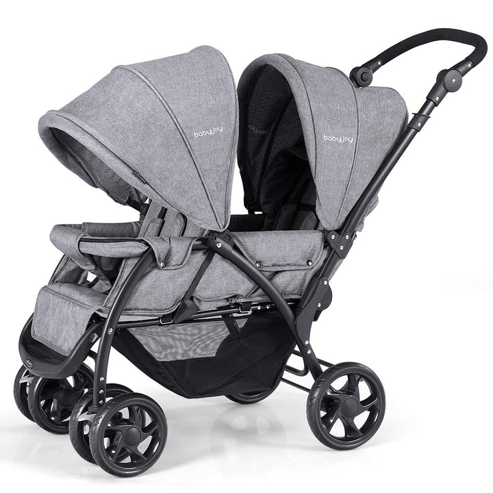 Double Stroller, Foldable Lightweight Twin Stroller with Tandem Seating, Adjustable Backrest/Canopy/Footrest, 5-Point Harness, Storage Basket, Newborn and Toddler (Black)