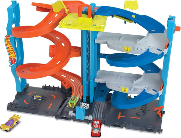City Toy Car Track Set, Transforming Race Tower, Single to Dual-Mode Racing, with 1:64 Scale Vehicle, 2 Ways to Play