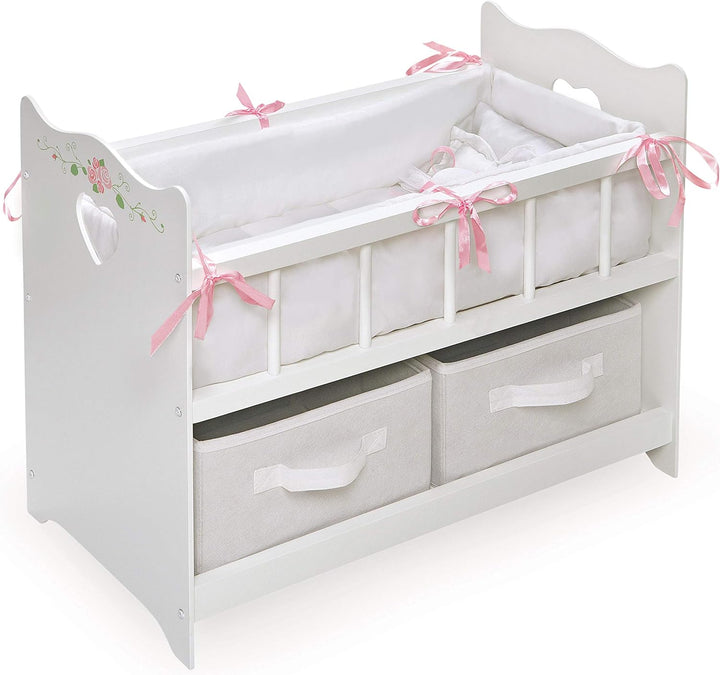 Wooden Doll Bed with Bed Liner, Pillows and Two Storage Baskets - Fits 18" Dolls - Ideal for Pretend Play and Baby Doll Fun - White/Rose Design with Free Personalization Kit