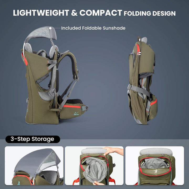 Baby Backpack Carrier, Ergonomic Child Carrier Hiking with Sun Canopy, Safe Toddler Hiking Backpack Carrier with Large Storage Space&Insulated Pocket, Adjustable Padded Child Seat