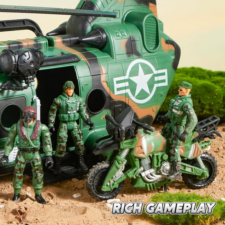 10-In-1 Military Helicopter Toys Set with Light, Sound, Trucks, Boat, Bike, Army Men, Weapons - Christmas Birthday Party Gifts for Kids