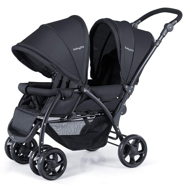 Double Stroller, Foldable Lightweight Twin Stroller with Tandem Seating, Adjustable Backrest/Canopy/Footrest, 5-Point Harness, Storage Basket, Newborn and Toddler (Black)