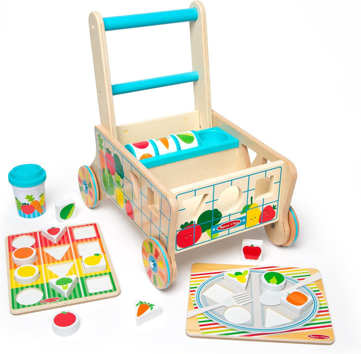 Wooden Shape Sorting Grocery Cart Push Toy and Puzzles - Pretend Play Grocery Toys, Sorting and Stacking Toys for Infants and Toddlers Ages 1+ - Fsc-Certified Materials
