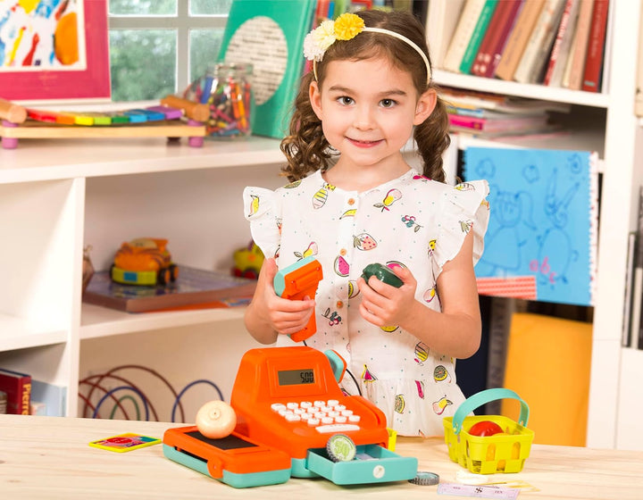 – Interactive Kids Cash Register with Scanner & Sounds – 26 Pieces Pretend Play Shopping Set with Light – up Scanner, Play Money & Card – Educational Toy for Learning & Fun – 3+ Years
