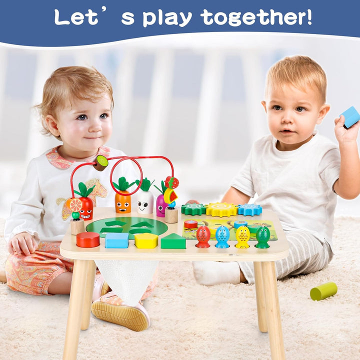 Activity Table for 1+ Year Old Girls Boys, 7-In-1 Wooden Montessori Toys, Activity Center, Baby Toddler Sensory Toys Kids First Birthday Gift