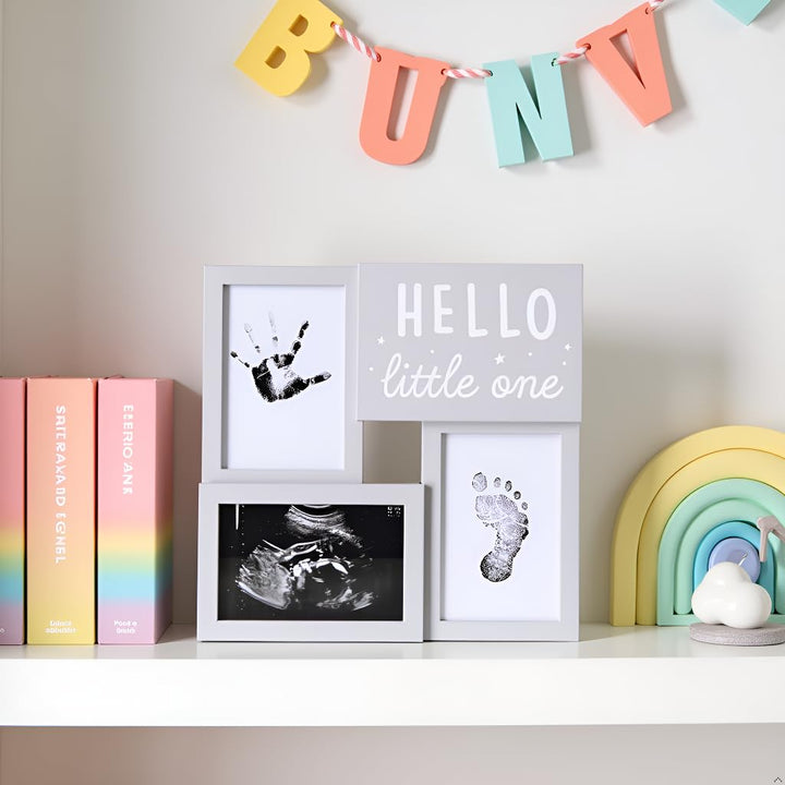 Babyprints and Sonogram Hello Little One Collage Frame, Baby Handprint, Footprint and Ultrasound Baby Keepsake Frame, Pregnancy Announcement, Gender-Neutral, White