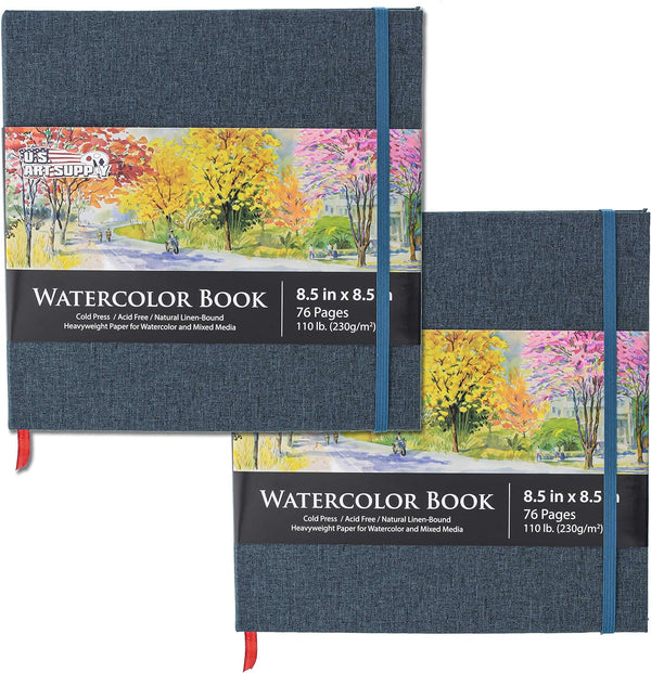 8.5" X 8.5" Watercolor Book (2 Pack, 76 Sheets Each) - 110Lb (230 GSM) Linen-Bound Hardcover Artist Paper Pads - Acid-Free Cold-Pressed Watercolor Paper Pad Mixed Media