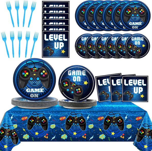 Video Game Party Supplies Tableware Set for 24 Guests - Gaming Birthday Plates, Blue Gamer Decorations Includes Plates, Napkins, Tablecloths