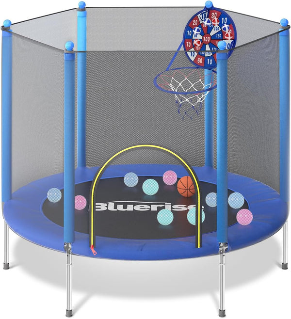 Trampoline 55IN 6FT Toddler Trampoline for Kids Indoor Outdoor Play for Kids Trampoline Basketball Hoop Attachment with Enclosure Net Easy to Assemble Outdoor Indoor Trampoline