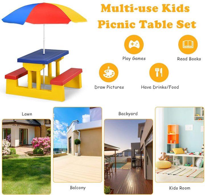 Kids Picnic Table, Indoor & Outdoor Table and Bench with Removable Umbrella, Portable Toddler Picnic Table and Chair Set for Garden, Backyard, Patio