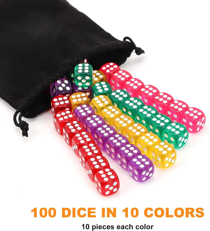 100Pcs Colored Dice Set Standard 16Mm Game Dice Bulk with a Black Drawstring Storage Bag, for Learning, Classroom (Colored)