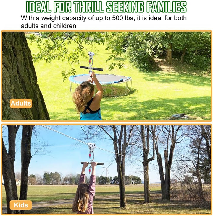 Zip Lines for Kids and Adults Outdoor up to 500 Lbs, 304 Stainless Steel 80FT Zipline Kits for Backyard with Thickened 1/4" Wire Rope, Removable Pulley, Outdoor Playground Equipment