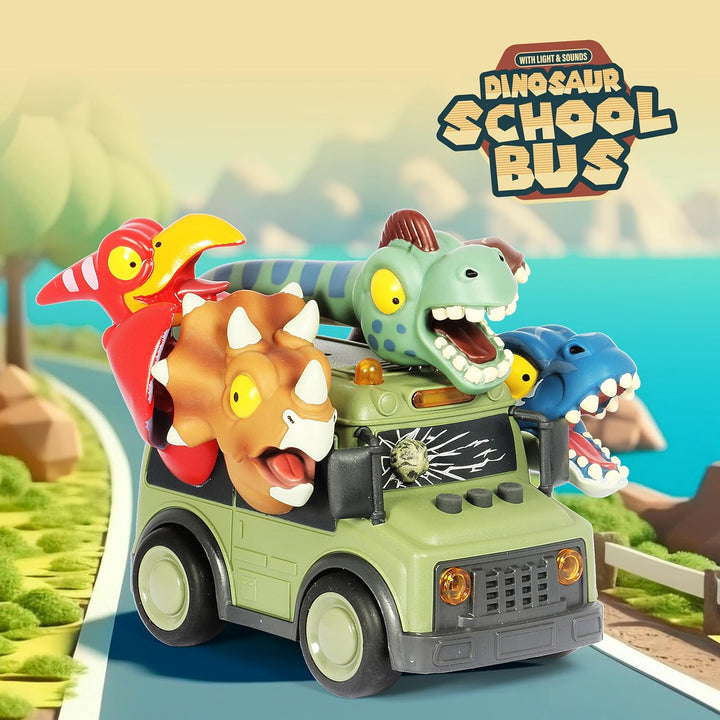School Bus Toy with Light and Sound, Dinosaurs Friction Powered Car Bus Toys for Kids Crazy Dino