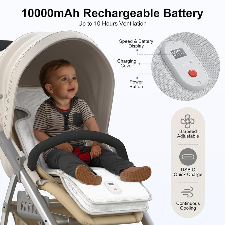 Baby Stroller Cooling Pad, 3D Breathable Carseat Cooling Pad with 2 Built-In Blower, Max 10H Ventilation 3 Speeds 10000Mah Rechargeable Cooling Mat Liner for Toddler Baby Summer Essentials