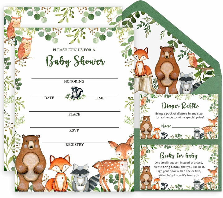 50 Woodland Baby Shower Invitations, Forest Woodland Greenery Invitations Macthing Envelpoes, Diaper Raffle Tickets, Book Request Cards, Forest Creatures Invitations