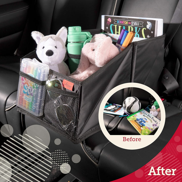 Backseat Car Organizer for Front & Rear Seats - Black Oxford - 9 Compartments & Cup Holders for Travel & Road Trip Essentials for Kids - Fits Cars, Trucks & Vans