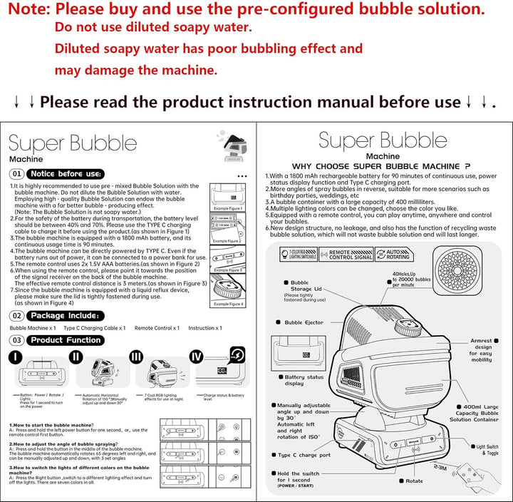 2025 Upgraded Bubble Machine with Remote Control, Automatic Rotation & RGB Lights, 1800Mah Rechargeable Battery, Type-C Charge, Bubble Maker for Kids, Weddings, Birthday Parties, Outdoor Activities