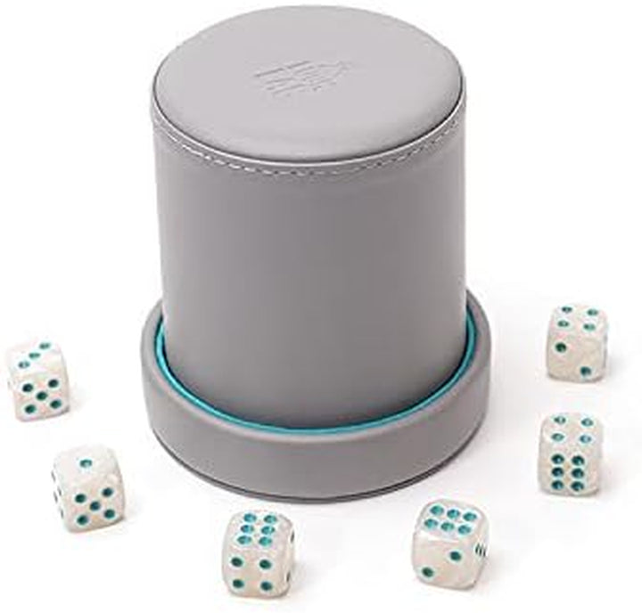 Grey Leather Dice Cup with Lid Including 6 Matching Pearl Dice - Teal Velvet Interior for Quiet Shaking - Use for Liars Dice Farkle Yahtzee Board Games, Grey