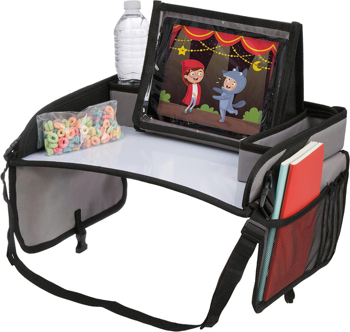 Car Seat Tray for Kids Travel - Black 600D Oxford Lap Desk Organizer with Dry-Erase Surface, Tablet Stand, Snack Holder & Cup Holder - Travel Tray for Kids Car Seat