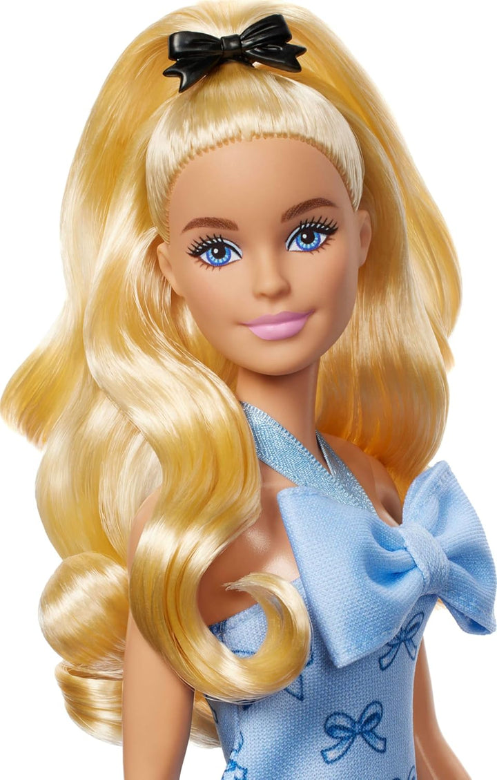 Fashionistas Doll #237 with Wavy Blonde Ponytail Wearing Blue Bow Halter Dress, Black Hair Bow Accessory and Matching Blue Heels