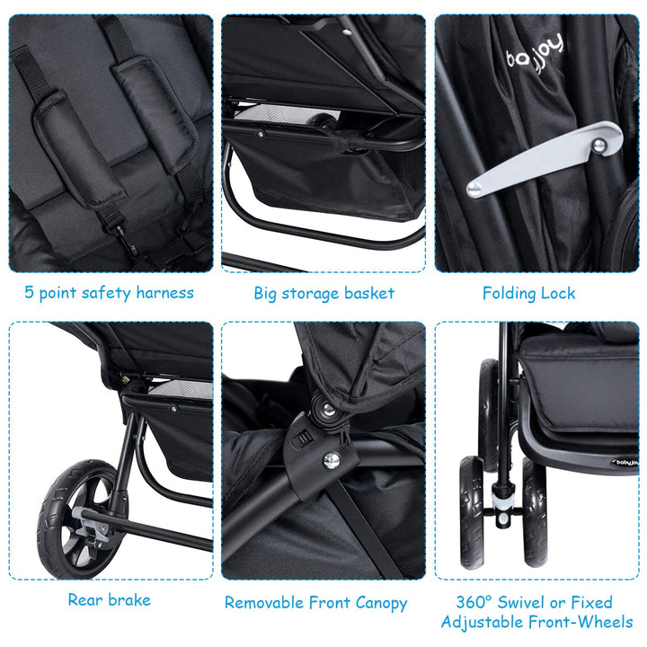 Double Stroller, Foldable Lightweight Twin Stroller with Tandem Seating, Adjustable Backrest/Canopy/Footrest, 5-Point Harness, Storage Basket, Newborn and Toddler (Black)