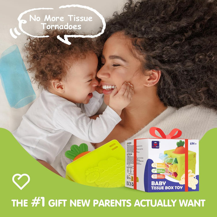 Baby Tissue Box Toy - Silicone Baby Toys 6-12 Months Montessori Toys for 6 Month Old, 6-In-1 Soft Busy Activity Cube with Scarves, Crinkle, Textures, Mirror, Sensory Popper, 12-18 Months Toy