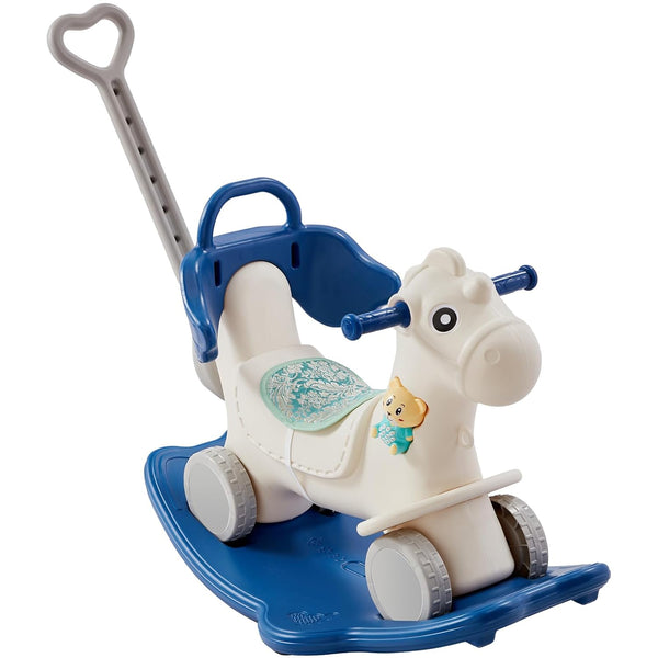 4 in 1 Rocking Horse for Toddlers 1-3 Years, Baby Rocking Horse with Detachable Balance Board, Push Handle and 4 Smooth Wheels, Support up to HDPE 80 Lbs Kids Ride on Toy with Sound, Blue