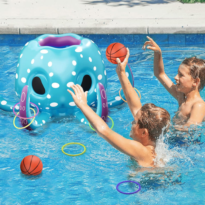 Pool Wave Kids Octopus Pool Toys, 2-In-1 Inflatable Float Water Game, Basketball Hoop Ring Toss Outdoor Swim Play, Cool Summer Family Party Gift 3 4 5 6 7 8 Year Old Boy Girl Child-Blue