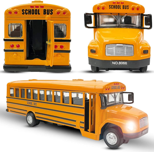 Diecast Yellow School Bus Model Toy, 8" Pullback Die Cast Model Vehicle for Kids with Rubber Tires, Opening Doors, Lights and Sounds
