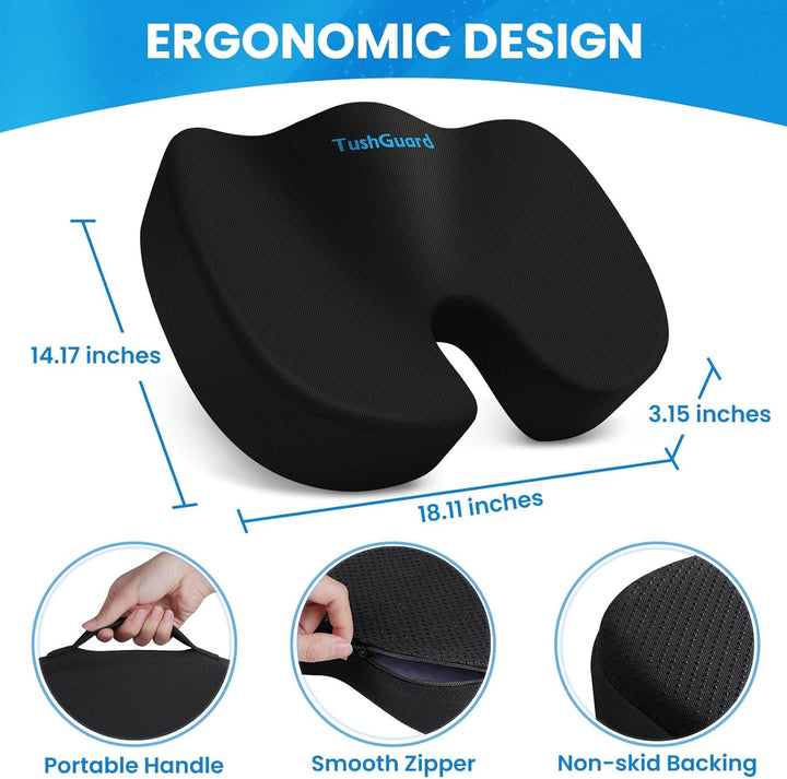 Seat Cushion for Office Chair Memory Foam Non-Slip Cushion Back, Relief Chair Pad, Butt Pillow for Office Chair, Car, Computer Desk, Black