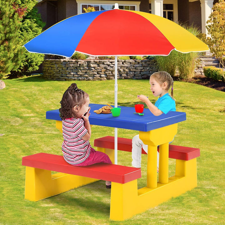 Kids Picnic Table, Indoor & Outdoor Table and Bench with Removable Umbrella, Portable Toddler Picnic Table and Chair Set for Garden, Backyard, Patio