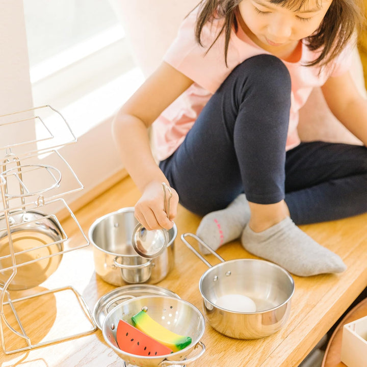 Stainless Steel Pots and Pans Pretend Play Kitchen Set for Kids (8 Pcs)