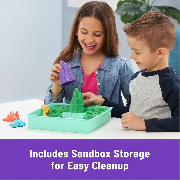 , Sandbox Set with 1Lb Green Play Sand, 4 Tools & Molds, Storage, Sensory Toys for Kids Ages 3 and Up